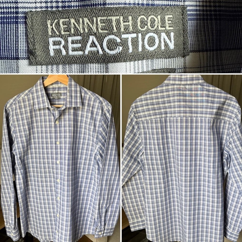 Kenneth Cole Reaction Men’s L/S Slim Fit Blue Plaid Button Down Size 15.5, 32/33